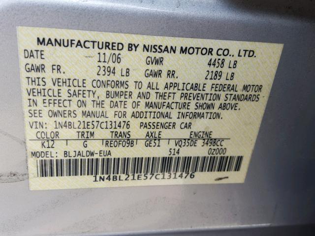 1N4BL21E57C131476 - 2007 NISSAN ALTIMA 3.5 SILVER photo 10