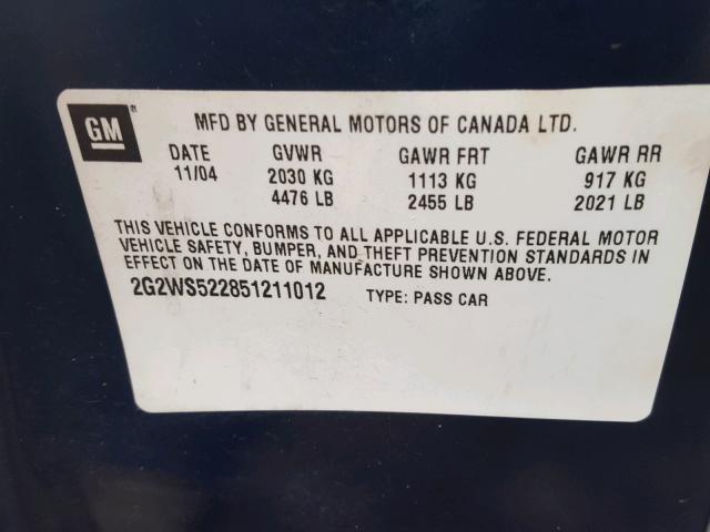 2G2WS522851211012 - 2005 PONTIAC GRAND PRIX BLUE photo 10