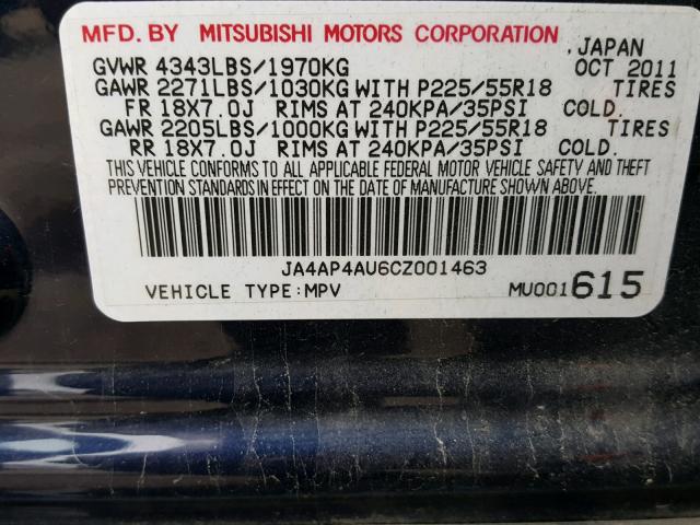 JA4AP4AU6CZ001463 - 2012 MITSUBISHI OUTLANDER BLUE photo 10