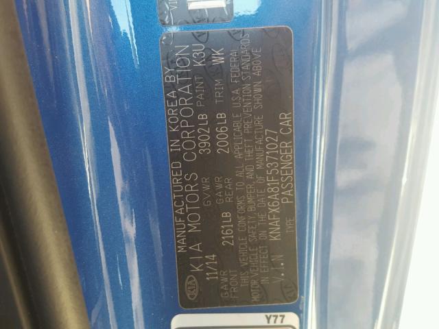 KNAFX6A81F5371027 - 2015 KIA FORTE EX BLUE photo 10