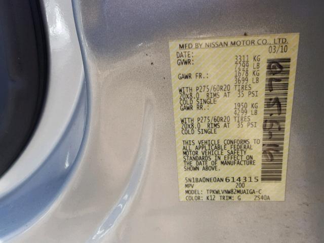 5N1BA0NE0AN614315 - 2010 NISSAN ARMADA PLA SILVER photo 10