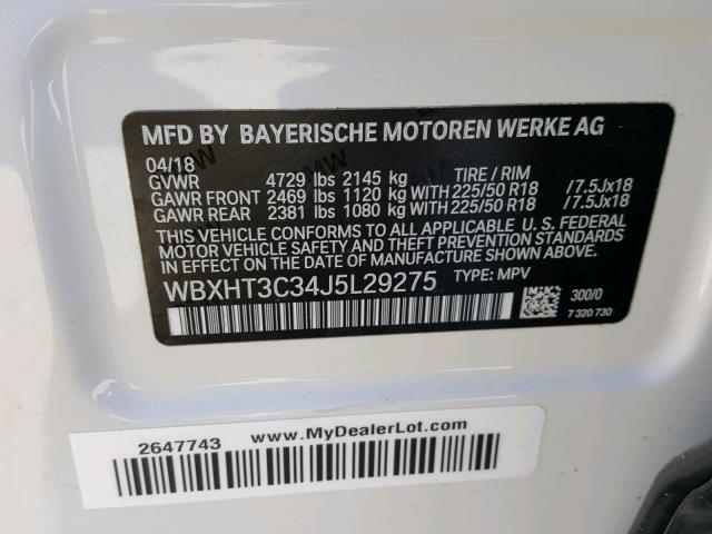 WBXHT3C34J5L29275 - 2018 BMW X1 XDRIVE2 WHITE photo 10