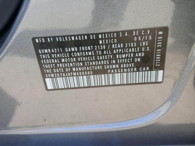 3VW2K7AJ8FM406565 - 2015 VOLKSWAGEN JETTA BASE Մոխրագույն լուսանկար 10