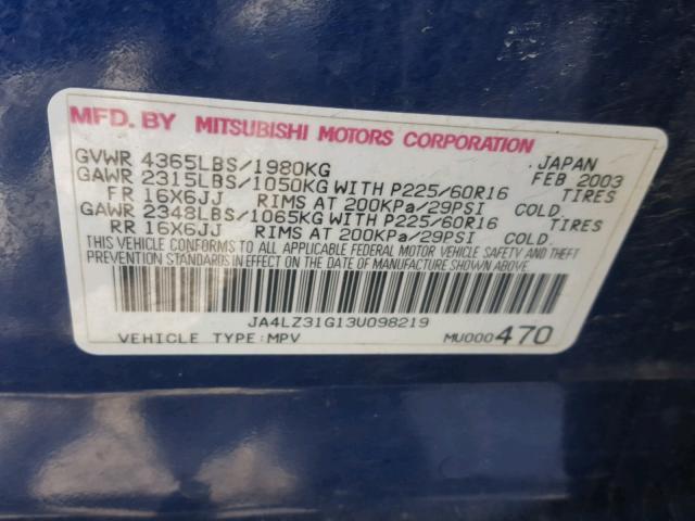 JA4LZ31G13U098219 - 2003 MITSUBISHI OUTLANDER BLUE photo 10