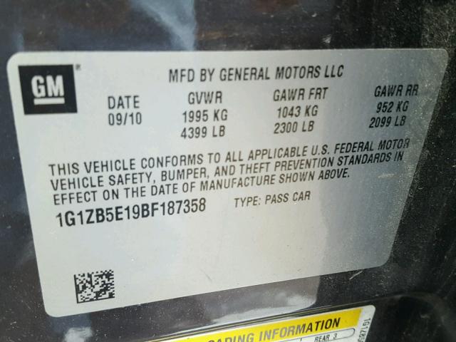 1G1ZB5E19BF187358 - 2011 CHEVROLET MALIBU LS 灰色 照片 10