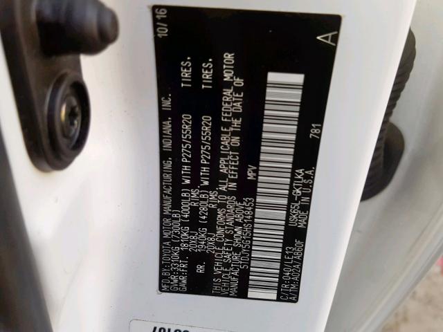 5TDJY5G15HS148453 - 2017 TOYOTA SEQUOIA LI WHITE photo 10