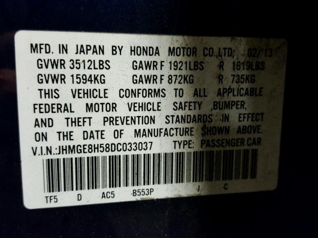 JHMGE8H58DC033037 - 2013 HONDA FIT SPORT BLUE photo 10