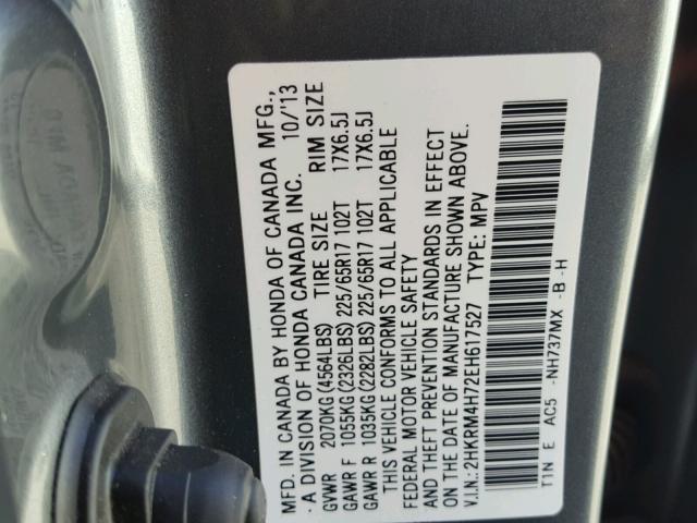 2HKRM4H72EH617527 - 2014 HONDA CR-V EXL GRAY photo 10