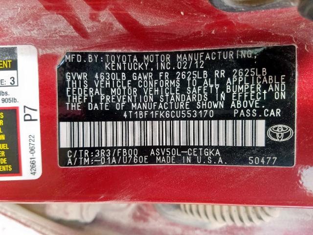 4T1BF1FK6CU553170 - 2012 TOYOTA CAMRY BASE RED photo 10