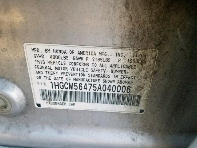 1HGCM56475A040006 - 2005 HONDA ACCORD LX SILVER photo 10