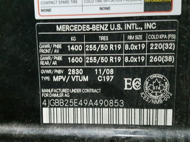 4JGBB25E49A490853 - 2009 MERCEDES-BENZ ML BLACK photo 10