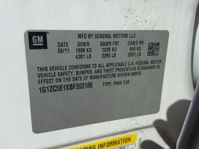 1G1ZC5E1XBF393186 - 2011 CHEVROLET MALIBU 1LT 白色 照片 10