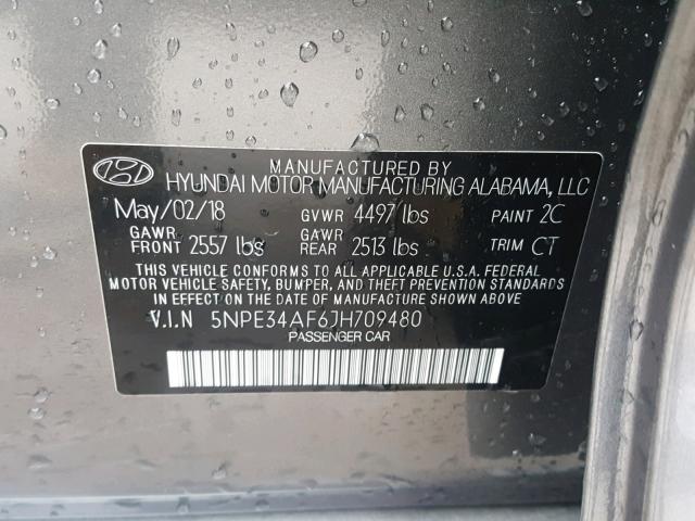 5NPE34AF6JH709480 - 2018 HYUNDAI SONATA SPO GRAY photo 10