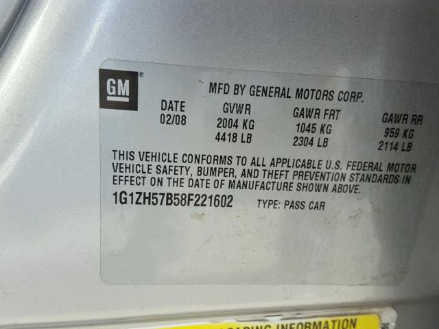 1G1ZH57B58F221602 - 2008 CHEVROLET MALIBU 1LT SILVER photo 10