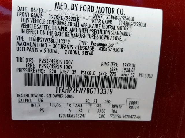 1FAHP2FW7BG113319 - 2011 FORD TAURUS LIM RED photo 10