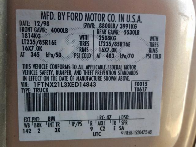 1FTNX21L3XED14843 - 1999 FORD F250 SUPER GOLD photo 10