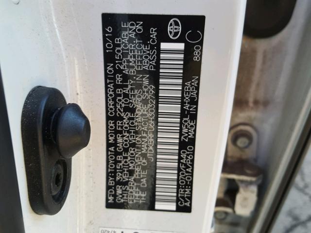 JTDKBRFU6H3032799 - 2017 TOYOTA PRIUS WHITE photo 10