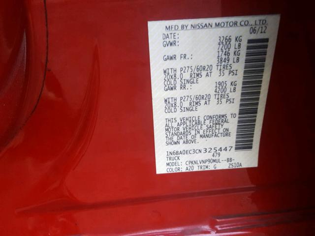 1N6BA0EC3CN325447 - 2012 NISSAN TITAN S MAROON photo 10