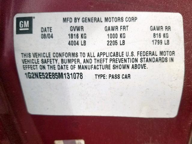 1G2NE52E85M131078 - 2005 PONTIAC GRAND AM S ბურგუნდია ფოტო 10