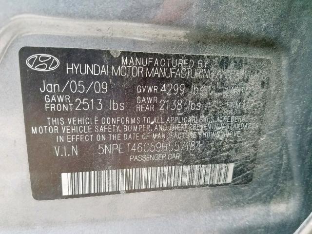 5NPET46C59H557184 - 2009 HYUNDAI SONATA GLS GRAY photo 10