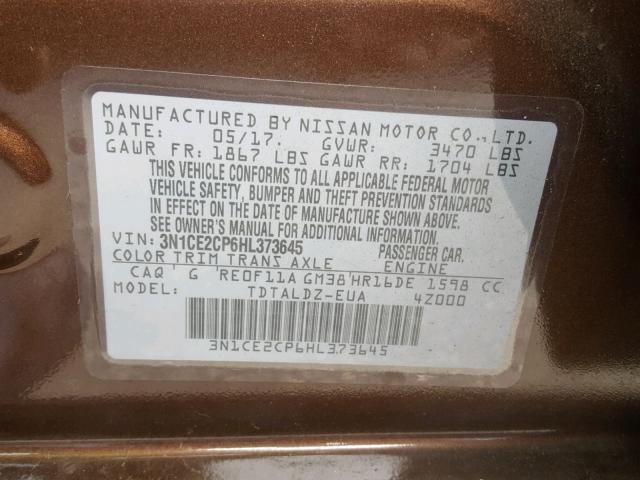 3N1CE2CP6HL373645 - 2017 NISSAN VERSA NOTE BURGUNDY photo 10