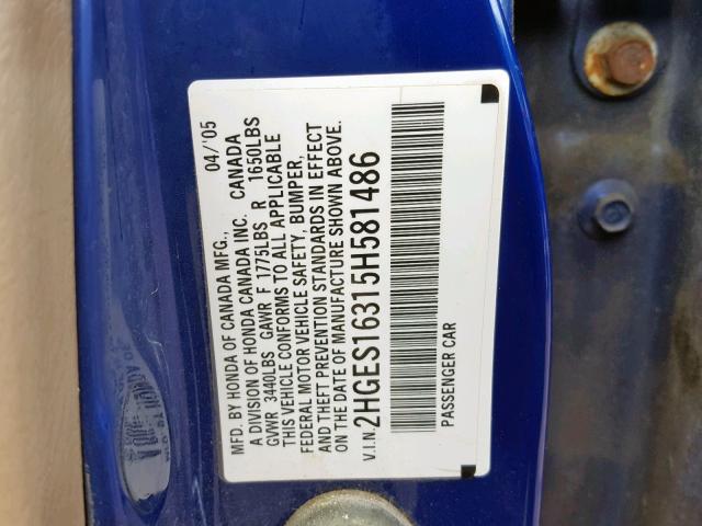 2HGES16315H581486 - 2005 HONDA CIVIC DX V BLUE photo 10