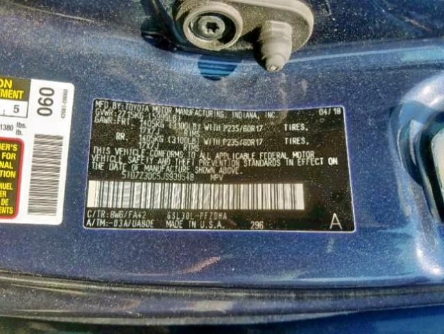 5TDZZ3DC5JS939548 - 2018 TOYOTA SIENNA L BLUE photo 10