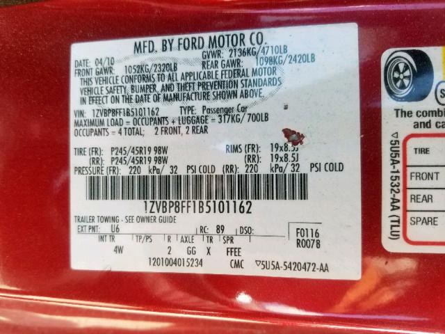 1ZVBP8FF1B5101162 - 2011 FORD MUSTANG GT RED photo 10