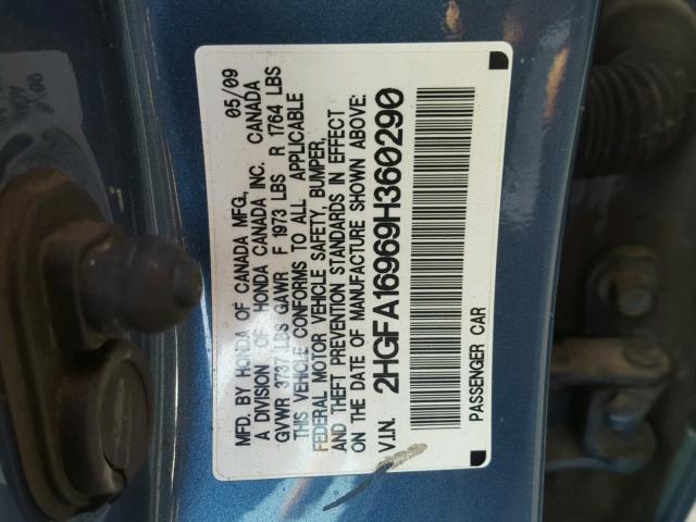 2HGFA16969H360290 - 2009 HONDA CIVIC EXL BLUE photo 10