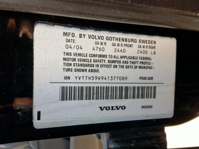 YV1TH59H941377089 - 2004 VOLVO S80 2.5T BLACK photo 10