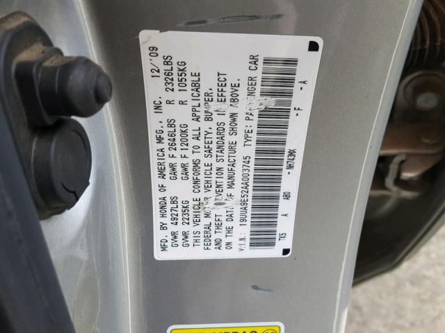 19UUA9E52AA003745 - 2010 ACURA TL SILVER photo 10