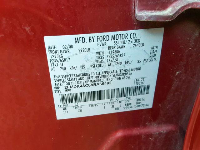 2FMDK48C88BA65492 - 2008 FORD EDGE SEL RED photo 10