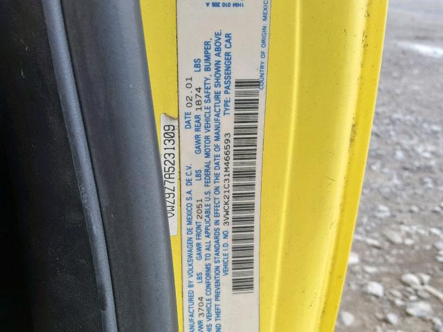 3VWCK21C31M466593 - 2001 VOLKSWAGEN NEW BEETLE ყვითელი ფოტო 10