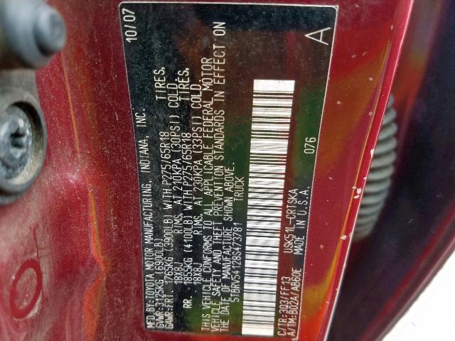 5TBRV54128S473781 - 2008 TOYOTA TUNDRA DOU RED photo 10