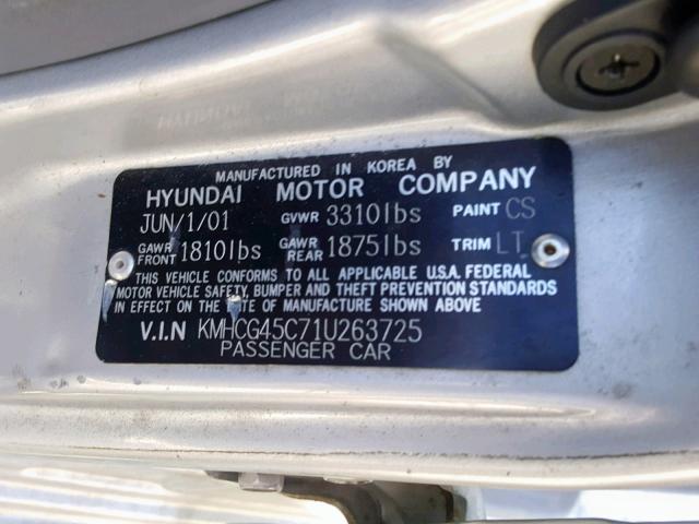 KMHCG45C71U263725 - 2001 HYUNDAI ACCENT GL GRAY photo 10