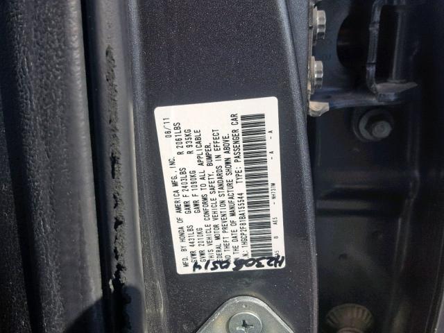 1HGCP2F81BA155544 - 2011 HONDA ACCORD EXL GRAY photo 10