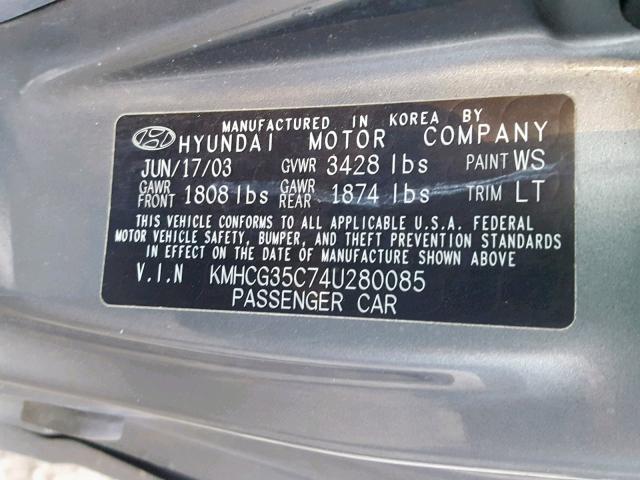 KMHCG35C74U280085 - 2004 HYUNDAI ACCENT GL GRAY photo 10