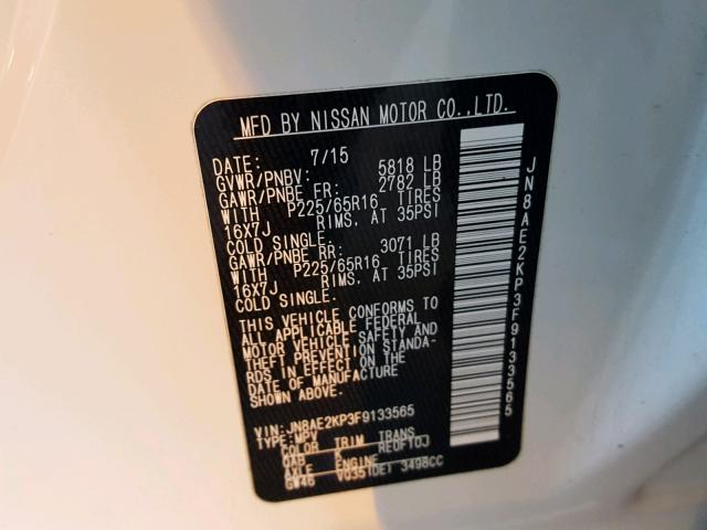 JN8AE2KP3F9133565 - 2015 NISSAN QUEST S WHITE photo 10