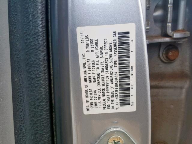 1HGCP2F88BA086934 - 2011 HONDA ACCORD EXL SILVER photo 10