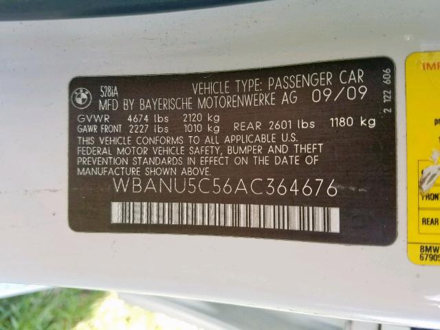 WBANU5C56AC364676 - 2010 BMW 528 I WHITE photo 10