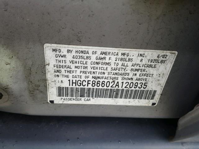 1HGCF86602A120935 - 2002 HONDA ACCORD VAL SILVER photo 10