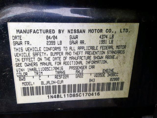 1N4BL11D85C170416 - 2005 NISSAN ALTIMA SE BLUE photo 10