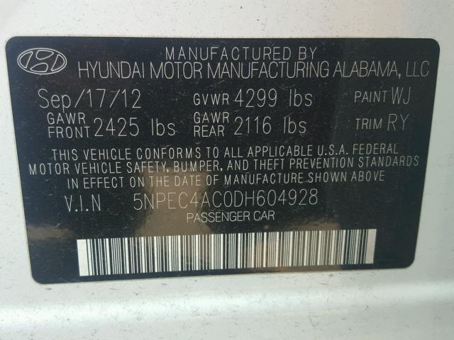 5NPEC4AC0DH604928 - 2013 HYUNDAI SONATA SE WHITE photo 10