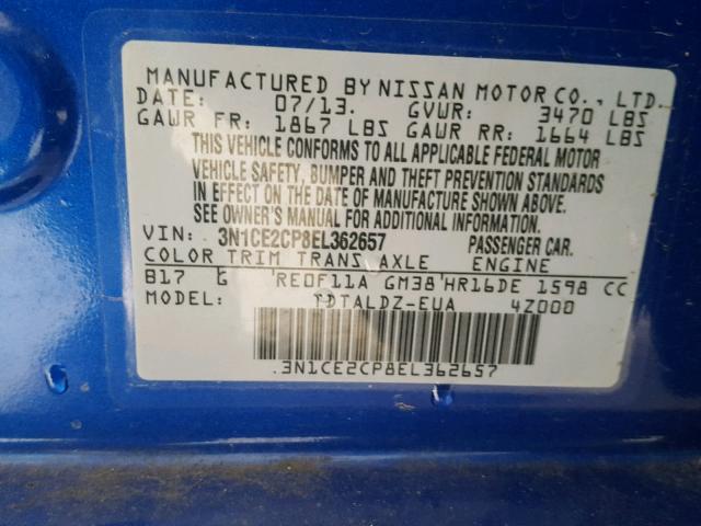 3N1CE2CP8EL362657 - 2014 NISSAN VERSA NOTE BLUE photo 10