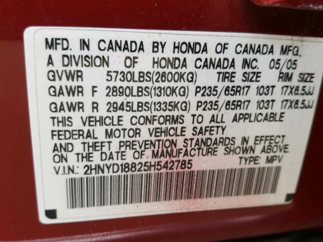 2HNYD18825H542785 - 2005 ACURA MDX TOURIN RED photo 10