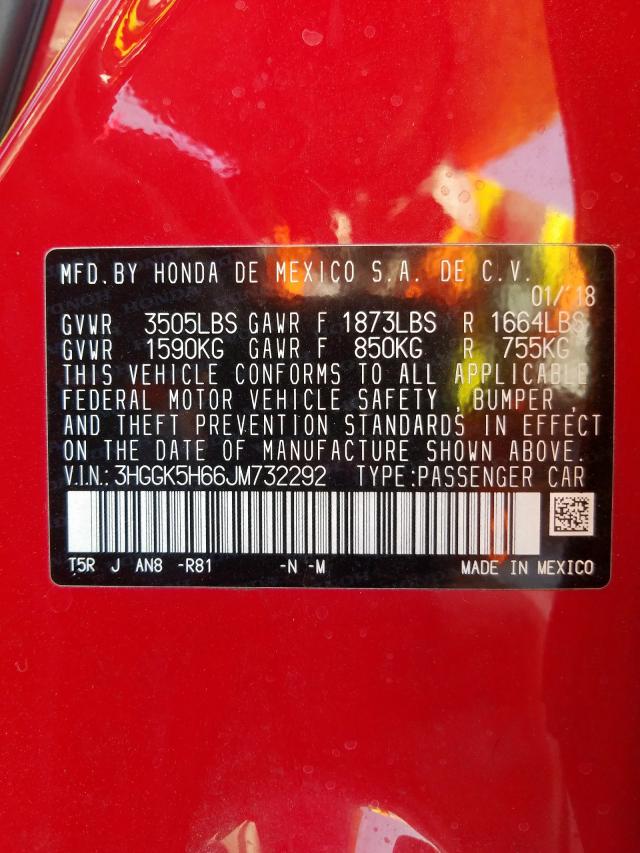 3HGGK5H66JM732292 - 2018 HONDA FIT SPORT RED photo 10