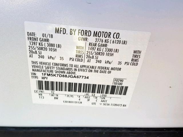 1FM5K7D88JGA67734 - 2018 FORD EXPLORER X WHITE photo 10