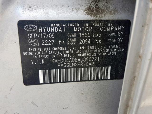 KMHDU4AD6AU890721 - 2010 HYUNDAI ELANTRA BL SILVER photo 10