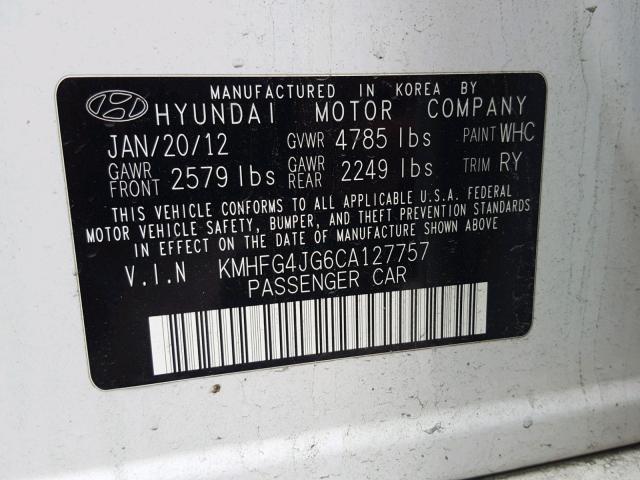 KMHFG4JG6CA127757 - 2012 HYUNDAI AZERA GLS WHITE photo 10