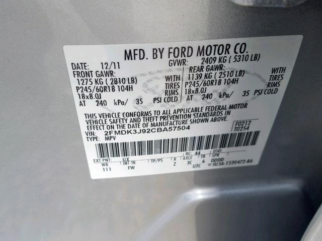 2FMDK3J92CBA57504 - 2012 FORD EDGE SEL GRAY photo 10